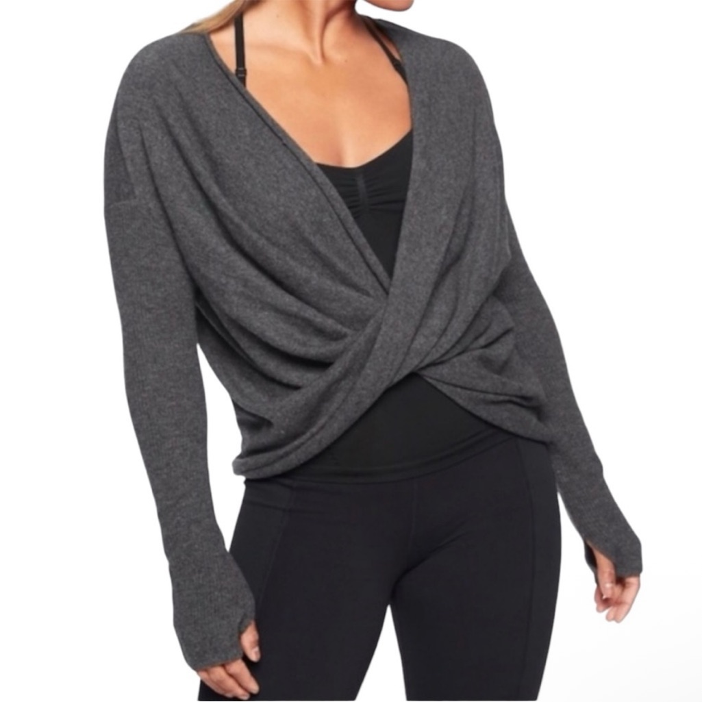 Athleta Finale Wool Cashmere Convertible Twist Cropped Gray Sweater Size Small